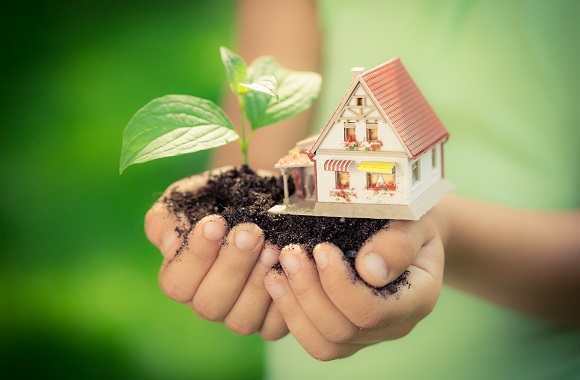 Child,Holding,House,And,Tree,In,Hands,Against,Spring,Green